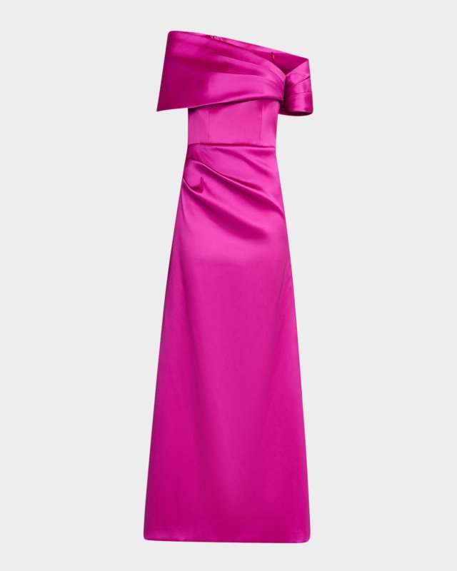 Pleated One-Shoulder Stretch Mikado Gown